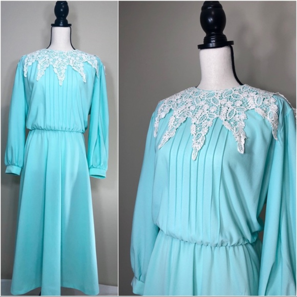 Vintage 70s Summer Sue Brett Lace Collar Green Prairie Tunic Slip On Dress